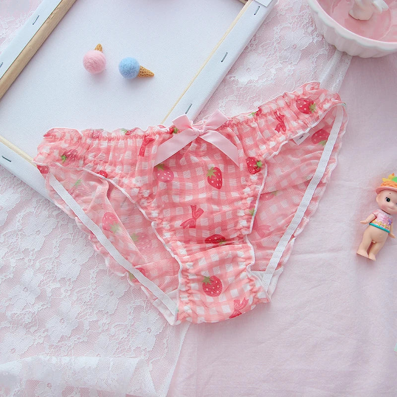 Kawaii strawberry panties in pink with ruffle lace details and cute pastel underwear style