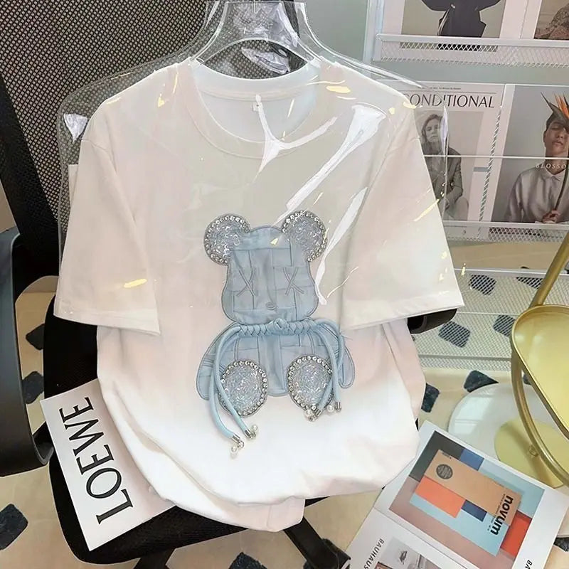 High Quality Pure Cotton Embroidery T Shirts Sky Blue Crystal Bear Cartoon