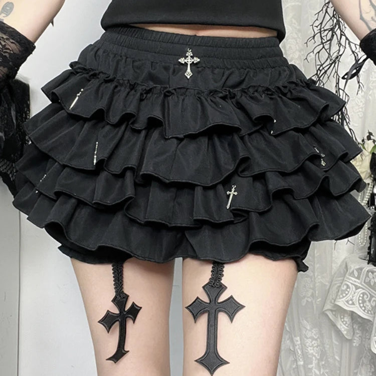 AltGoth Mall Goth Women’s Cake Shorts – Y2K E-Girl Harajuku Fairycore Culottes with Cross Pendant