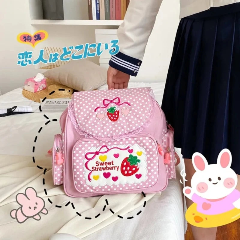 Kawaii Strawberry Embroidered Backpack | Cute Japanese Pink School Bag for Girls with Lace Details