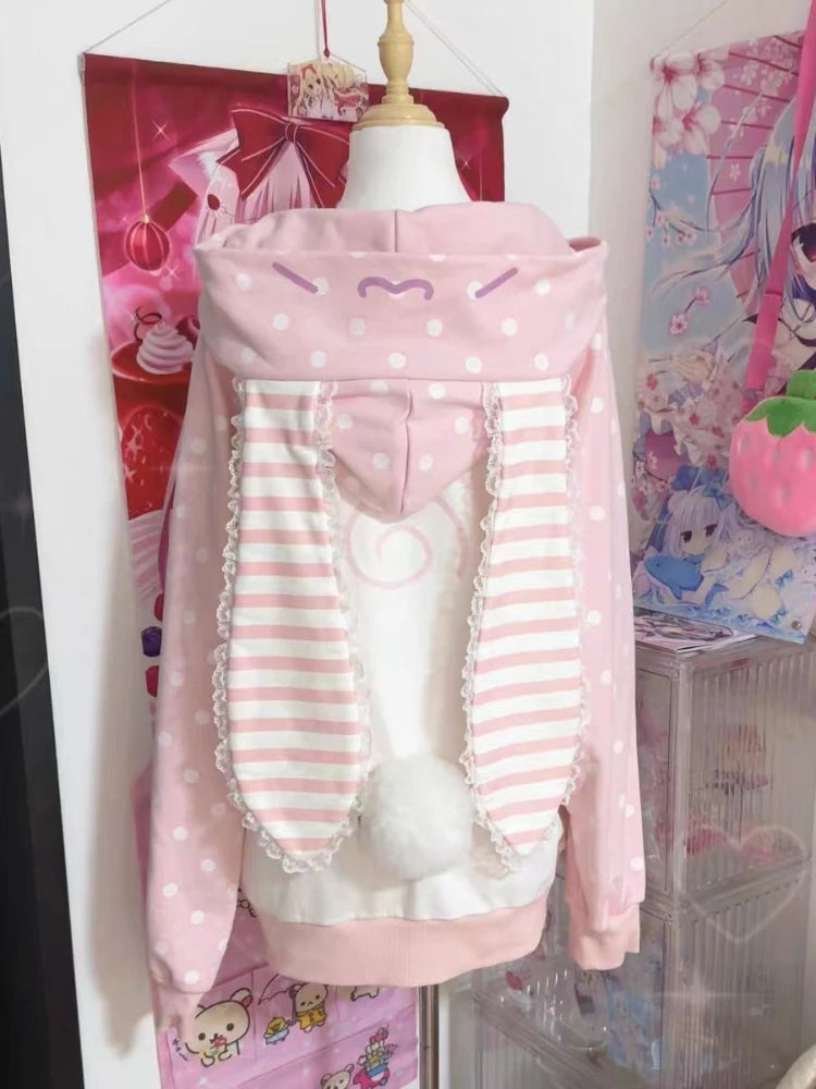 Japanese Kawaii Strawberry Hoodie – Women’s Pink Patchwork Lace Polka Dot Overcoat | Sweet Loose Autumn Coat 2025