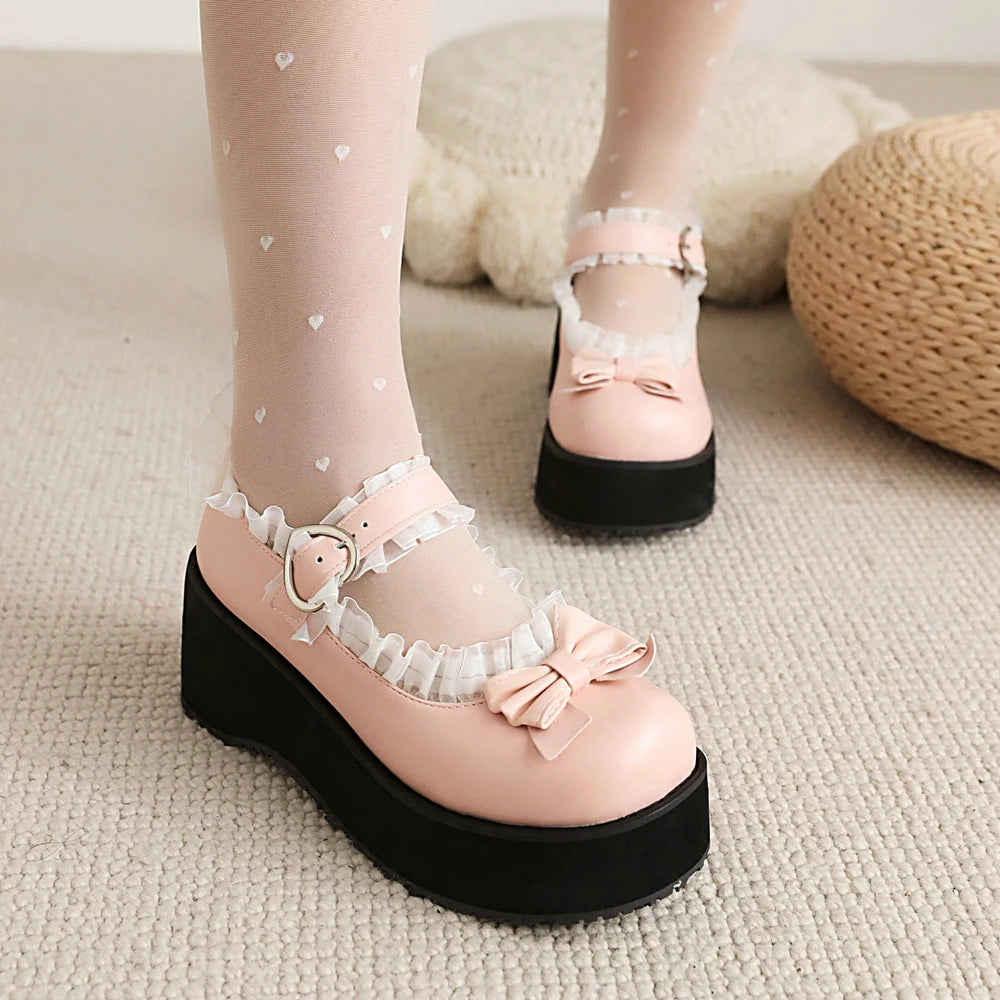 Cosplay Shoes Sweet Lolita Ruffles Bowknot Lace Bridal Wedding Girls Wedges Heel