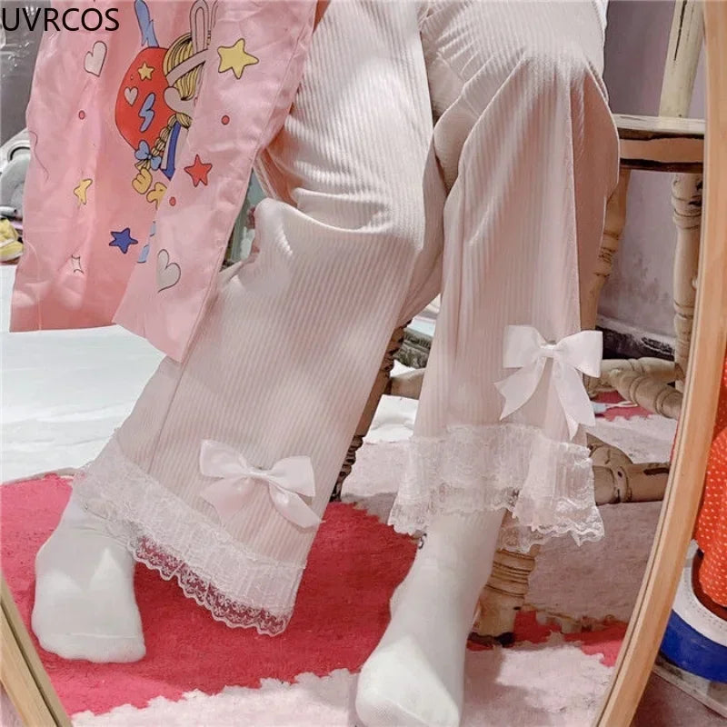 Women's Pink Japanese Sweet Lolita High-Waist Corduroy Pants | Kawaii Y2K Style with Bow & Lace Detail