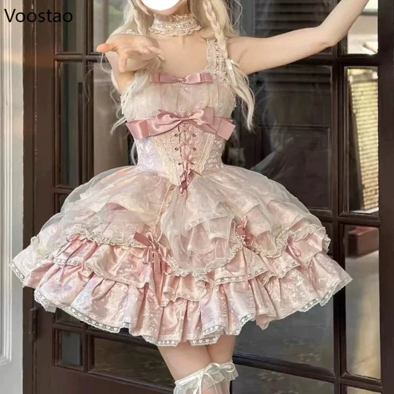 Japanese Sweet Lolita Gothic Mini Dress | Kawaii Harajuku Y2K Style with Bow, Lace & Ruffle Accents