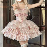 Japanese Sweet Lolita Gothic Mini Dress | Kawaii Harajuku Y2K Style with Bow, Lace & Ruffle Accents