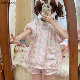 Kawaii Bunny Pajama Set – Women’s Lolita Style Short Sleeve Top & Shorts | Cute Girly Princess Homewear
