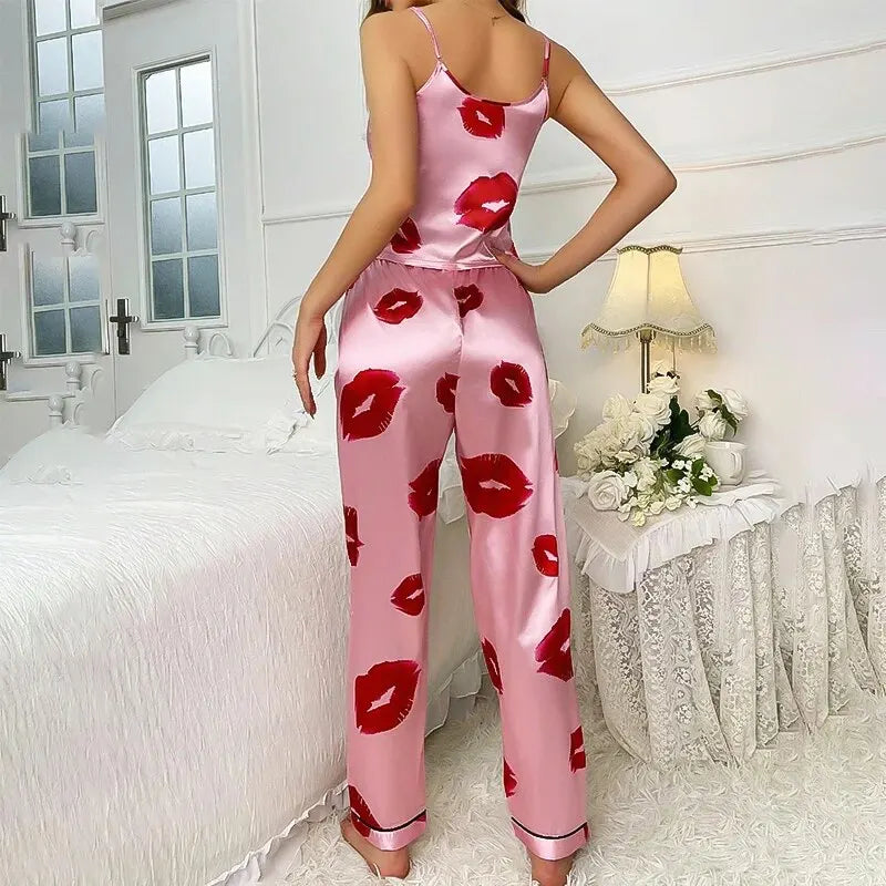 Women's Satin Pajama Set - Lip Print V-Neck Cami Top & Elastic Waist Pants | Comfortable Sleepwear & Loungewear