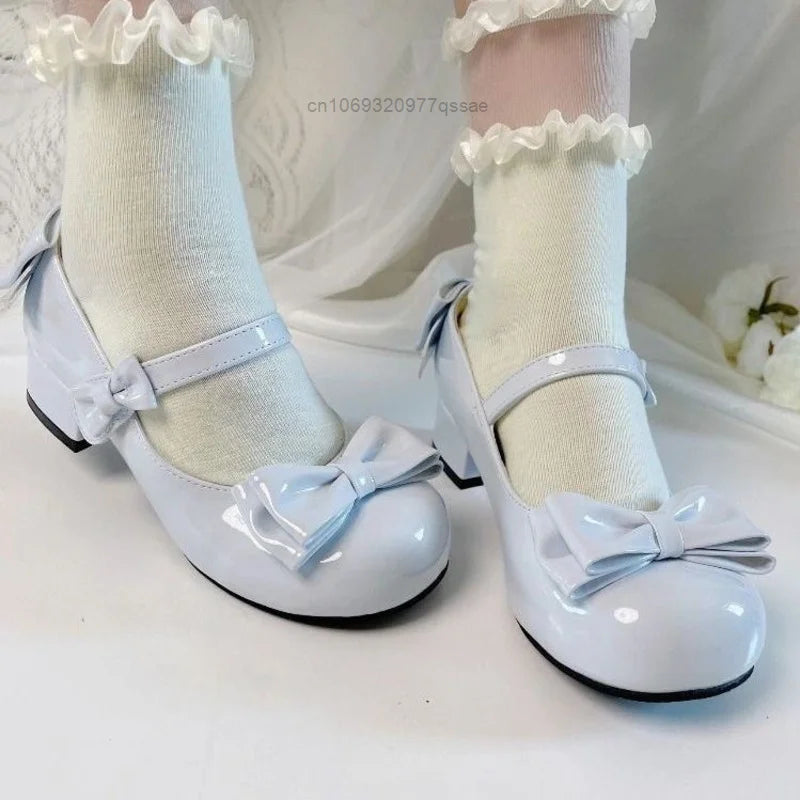 Lolita Style Cute Round Head Mary Jane Pumps With Bow Women's Sweet Party Dress Midi Heels Shoes Fashion PU Sandals