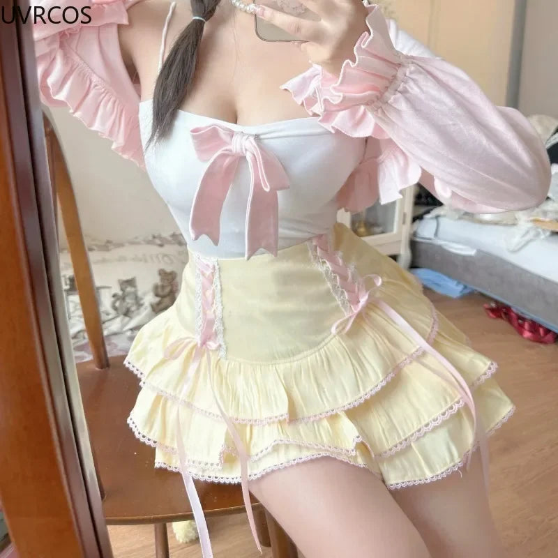 Kawaii Lolita Pleated Skirt – High Waist Pink Bandage Fairycore Y2K Aesthetic | Cute Women’s Faldas Mujer Moda 2025