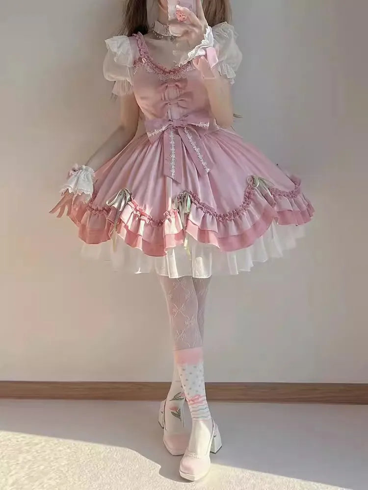 2024 Elegant Lolita Mini Dress | Women's Short Sleeve Pink Summer Dress for Cocktail Parties, Graduation & Casual Events