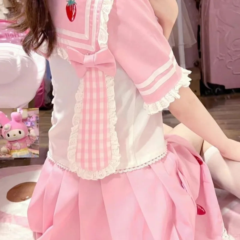 Pink Sweet Lolita Style Skirt Sets Women Kawaii Rabbit Ears Sailor Collar Tops Y2k Strawberry Skirts Female Cute JK Uniform Suit