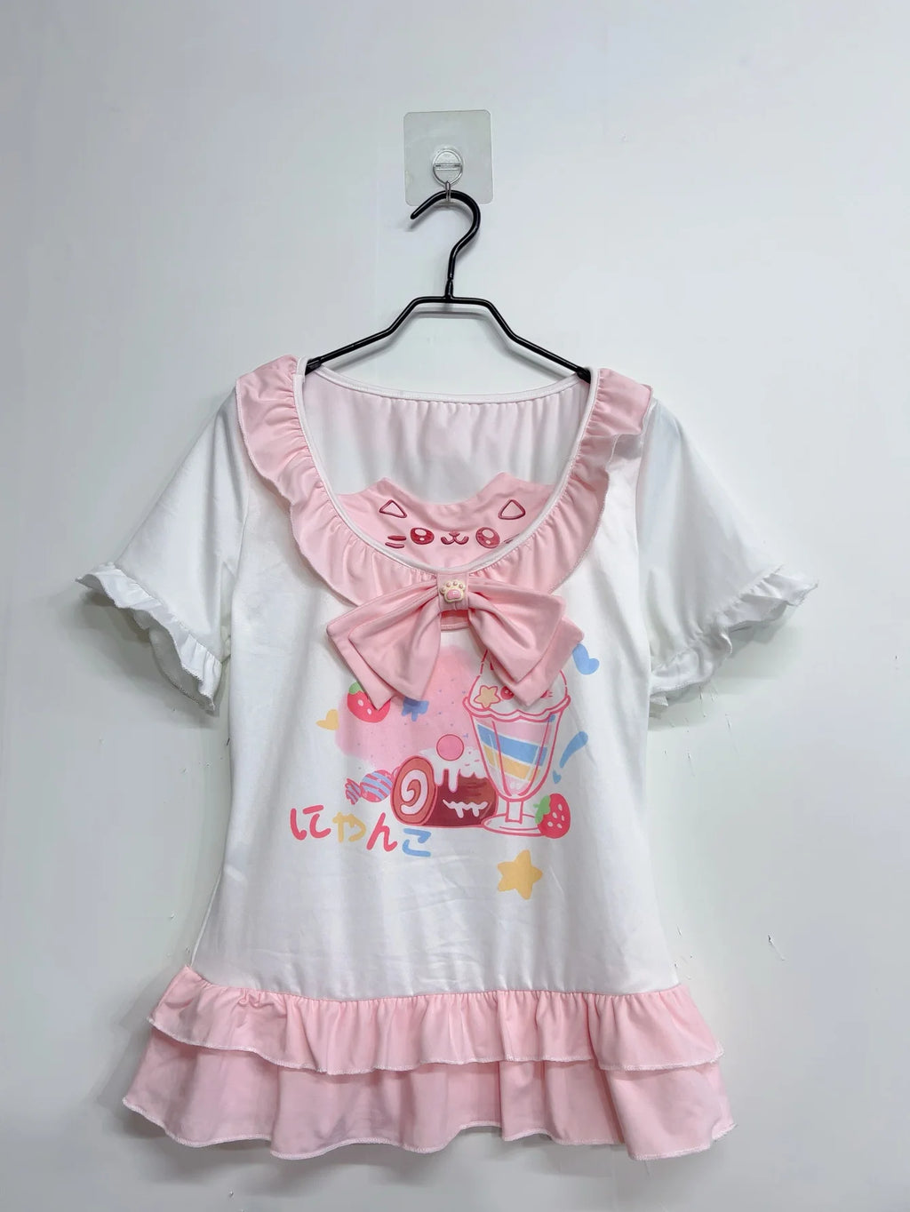 Sweet Kawaii Cat Bow T-Shirt | Japanese Ruffle Tee with Pink Ribbon & Cute Kitty Print
