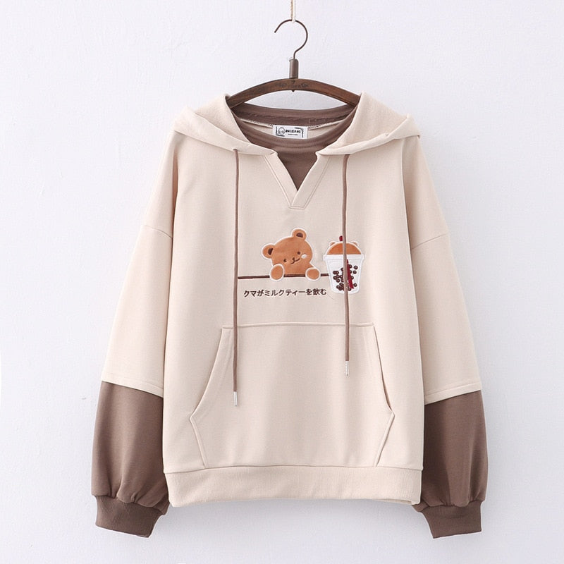 Harajuku Fashion Women Hoodies Winter Clothes Kawaii Fleece Cute Bear Anime Sweatshirt Teen Girls Aesthetic Long Sleeve Pullover