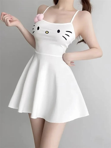 Kawaii White Dress Japanese Y2k Cat Face Embroidery Cute Spaghetti Strap  Mini Dress Bow Patchwork Anime Sundress