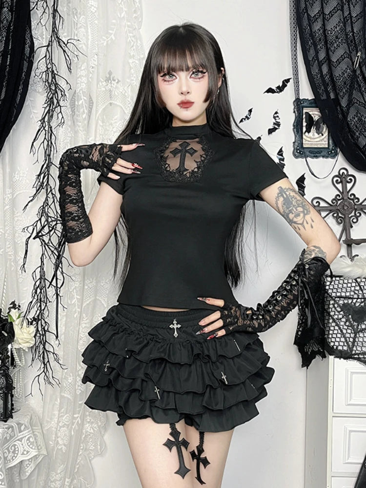 AltGoth Mall Goth Women’s Cake Shorts – Y2K E-Girl Harajuku Fairycore Culottes with Cross Pendant