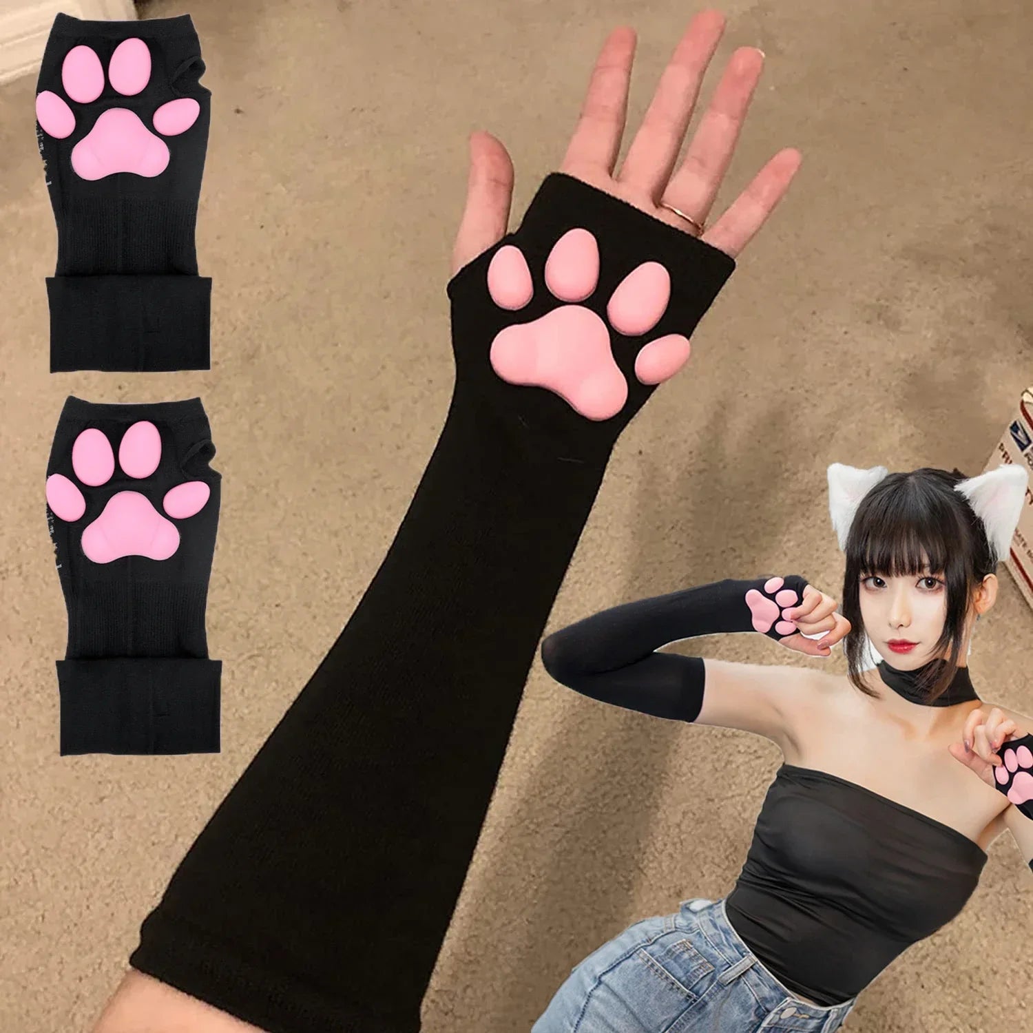 3D Cat Paw Arm Sleeves | Kawaii Sun Protection Sleeves with Cute Kitty Paw Pads for Cosplay & Everyday Wear