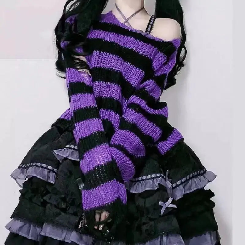 Karrram Pink Striped Gothic Sweater – Women’s Ripped Knit Pullover | Fairy Grunge, Emo, Y2K Streetwear