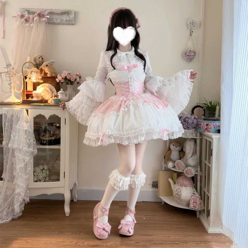 Japanese Sweet Lolita Jsk Dress Women Elegant Ruffles Lace Bandage Princess Strap Dresses Girls Y2k Kawaii Tea Party Mini Dress
