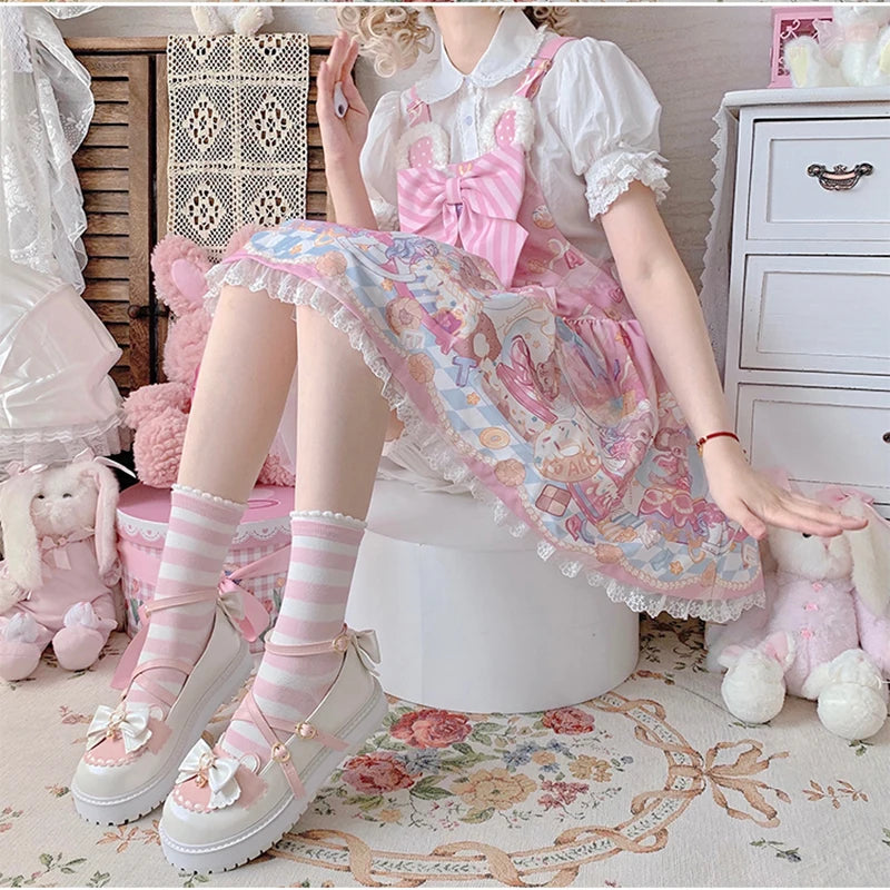 Girls Sweet Lolita Platform Mary Jane Shoes | Kawaii Bowknots, Heart-Shaped Straps & Bell Accents