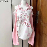 Sweet Kawaii Off-Shoulder T-Shirt – Lace Patchwork, Bow Detail & Cartoon Print | Y2K Aesthetic Women’s Top