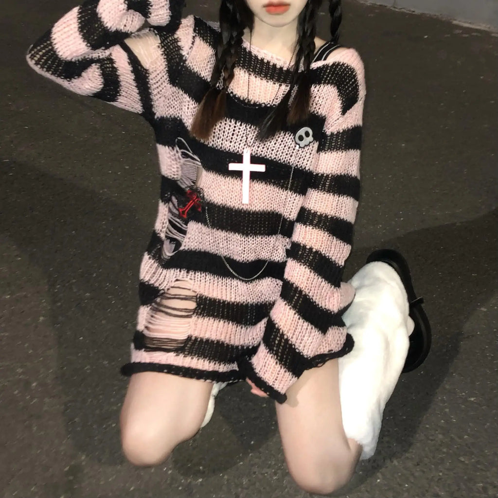 Pink Striped Gothic Sweater | Ripped Knit Y2K Pullover