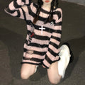Pink Striped Gothic Sweater | Ripped Knit Y2K Pullover