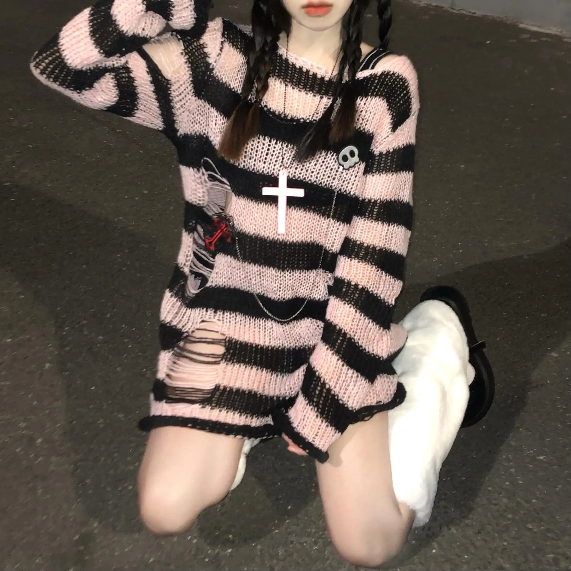Karrram Pink Striped Gothic Sweater – Women’s Ripped Knit Pullover | Fairy Grunge, Emo, Y2K Streetwear