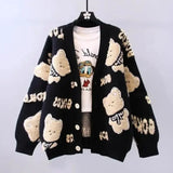 Cartoon Bear Jacquard Weave Vintage V-Neck Loose Knitted Women's Cardigan Korean Fashion Single Breasted Cardigan For Women