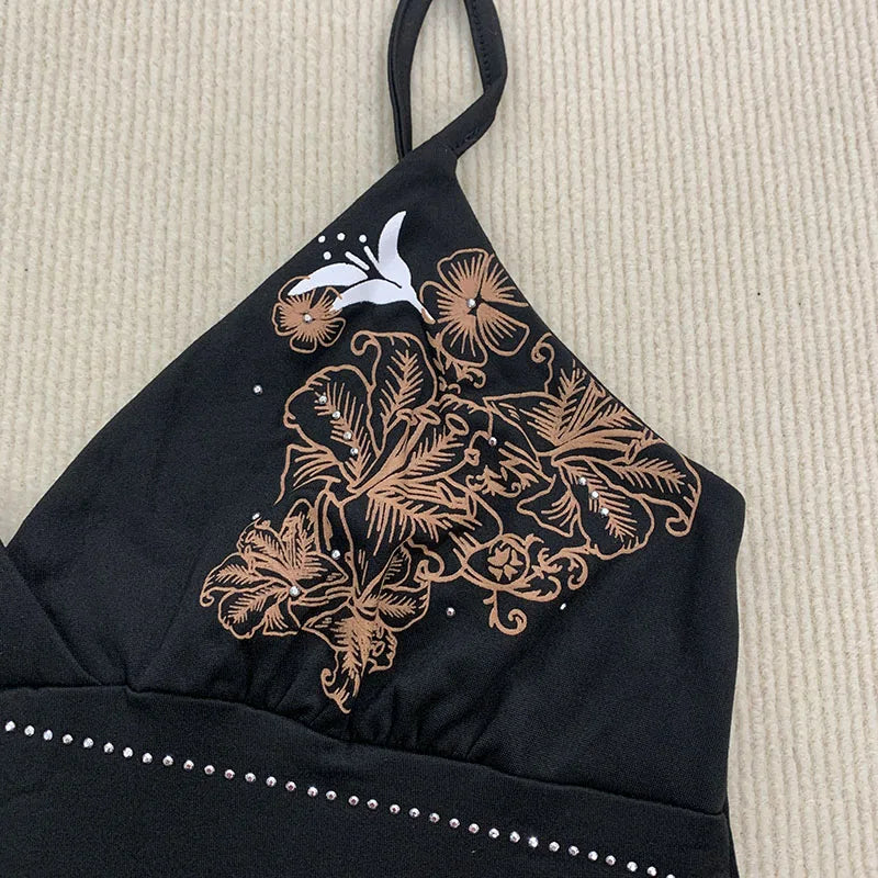 Harajuku Flower Print Tank Top – Women’s Gothic Rhinestone Cami | Vintage Black Off-Shoulder Summer Vest