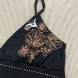 Harajuku Flower Print Tank Top – Women’s Gothic Rhinestone Cami | Vintage Black Off-Shoulder Summer Vest