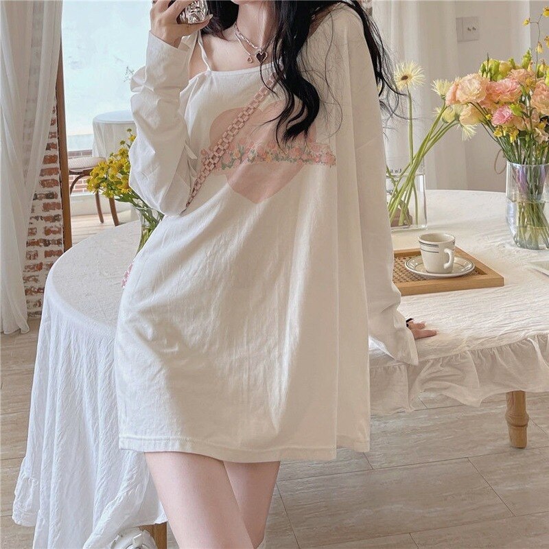 Kawaii T-Shirt Women Japanese Sweet Off Shoulder Lace Up Long Sleeve Graphic T Shirts Cute Korean Fashion Tops for Girls