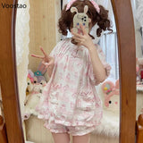 Kawaii Bunny Pajama Set – Women’s Lolita Style Short Sleeve Top & Shorts | Cute Girly Princess Homewear