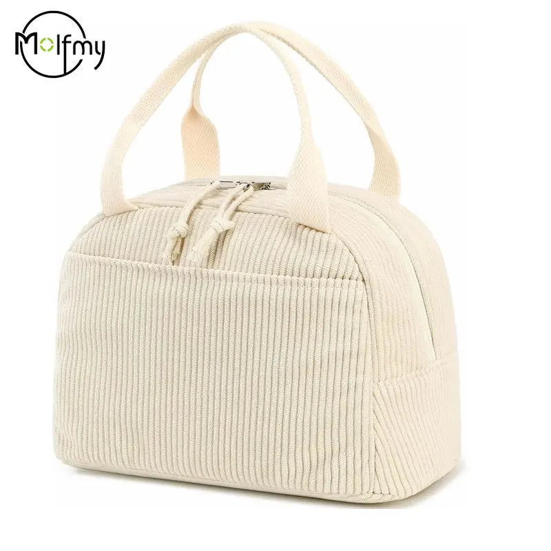 Corduroy Lunch Bag Thermal Insulation Lunch Box Storage Handbag Multifunctional Kid School Cooler Bag Picnic FoodPouch Loncheras