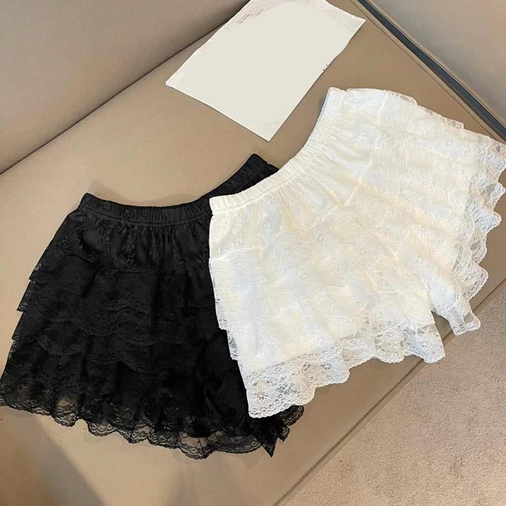 Black & White Pleated Lolita Safety Shorts – Ruffle Knickers, Vintage-Style Bloomers, Princess Underpants for Women