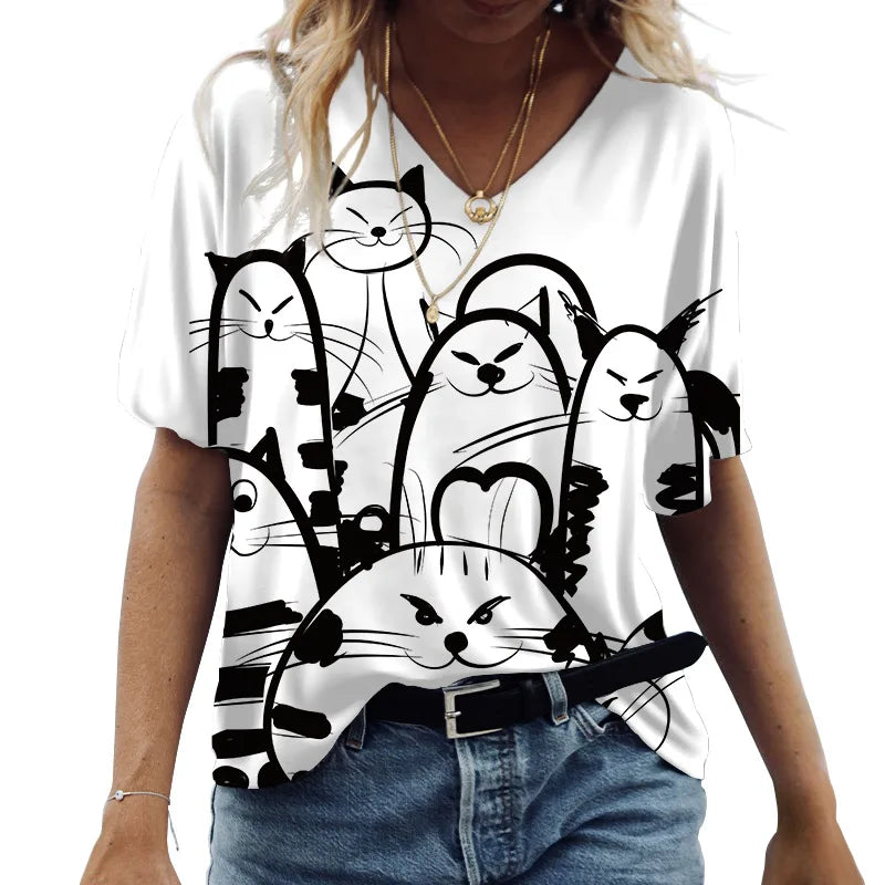 V-Neck T-shirts Cute Cats Graphics Printed Short Sleeve Tops Summer Kawaii Fashion