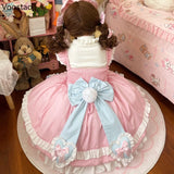Sweet Lolita JSK Dress – Kawaii Bear Print, Bows & Ruffles | Blue & Pink Sleeveless Mini Dress