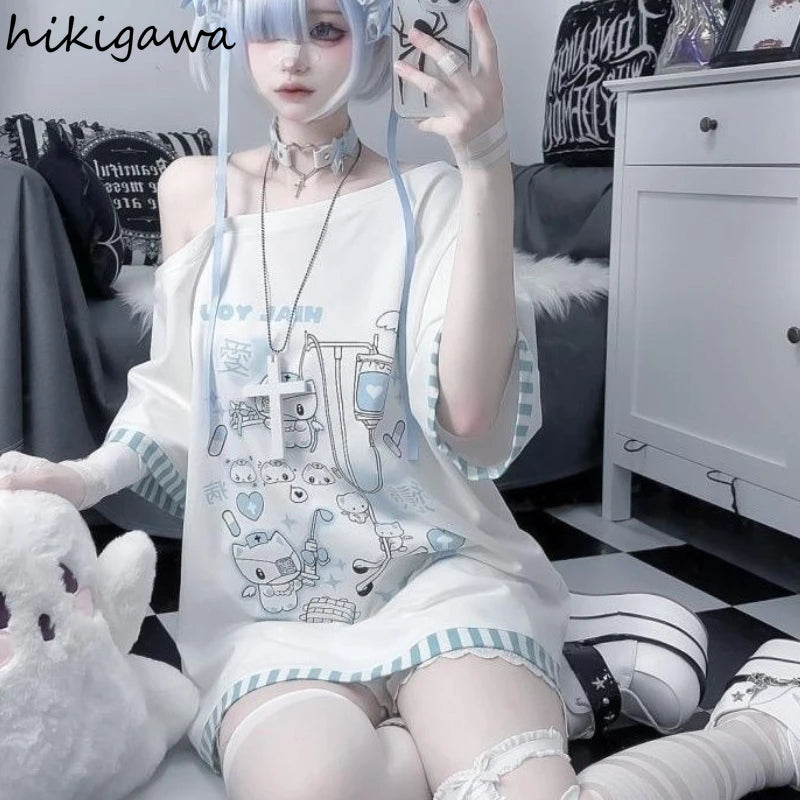 Japanese Anime Oversized T-Shirt – Women’s Summer Off-Shoulder Y2K Top | Casual 2025 Fashion Tee