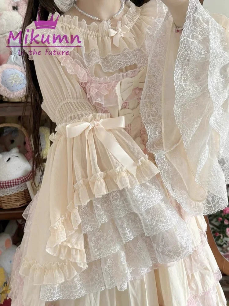 Mikumn Harajuku Y2K Lolita Blouse – Victorian-Inspired Lace Top with Bows & Flare Sleeves