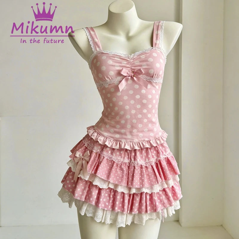 Sweet Kawaii Polka Dot Dress | Japanese Pink Bow Sleeveless Mini Dress for Women