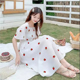 Kawaii Strawberry Dress Sexy Ruffle Puff Sleeve Off Shoulder Embroidery Dresses Korean Elegant