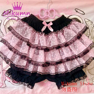 Mikumn Harajuku Lace Ruffle Shorts Skirt – Kawaii Y2K Lolita Bloomers | Elastic Waist Safety Pants