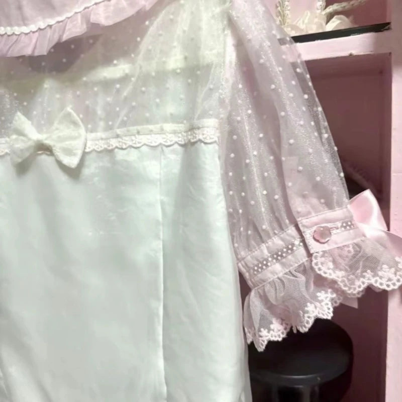 Sweet Lolita Lace Bow Blouse | Women’s Kawaii Pink Short Sleeve Shirt – Elegant Loose Fit Chic Top