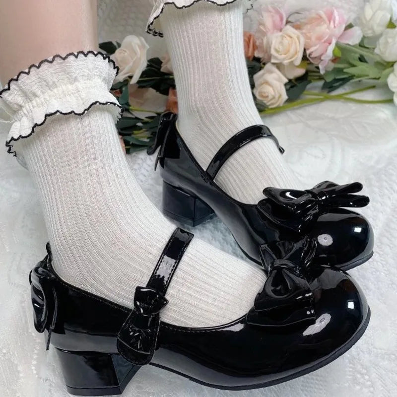 Lolita Style Cute Round Head Mary Jane Pumps With Bow Women's Sweet Party Dress Midi Heels Shoes Fashion PU Sandals