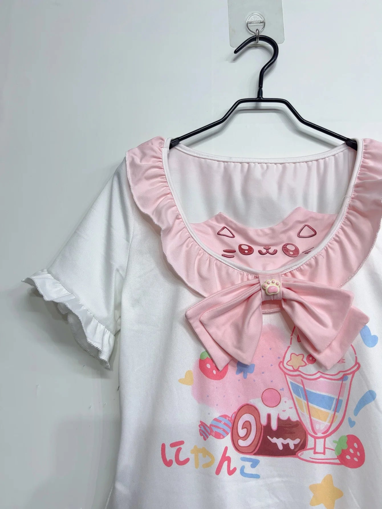 Sweet Kawaii Cat Bow T-Shirt | Japanese Ruffle Tee with Pink Ribbon & Cute Kitty Print