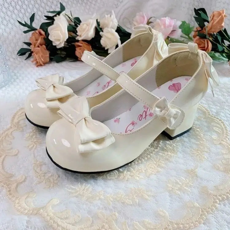 Lolita Style Cute Round Head Mary Jane Pumps With Bow Women's Sweet Party Dress Midi Heels Shoes Fashion PU Sandals