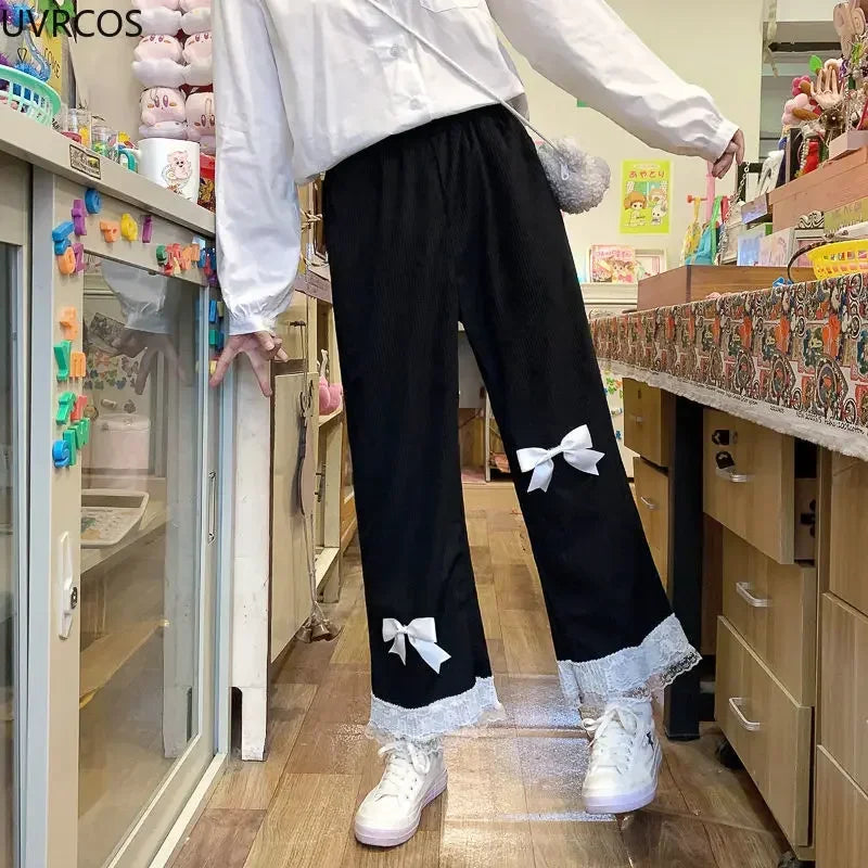 Women's Pink Japanese Sweet Lolita High-Waist Corduroy Pants | Kawaii Y2K Style with Bow & Lace Detail