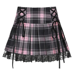 Pink Black Blue Plaid Goth School Skirt with Lace-Up Detail