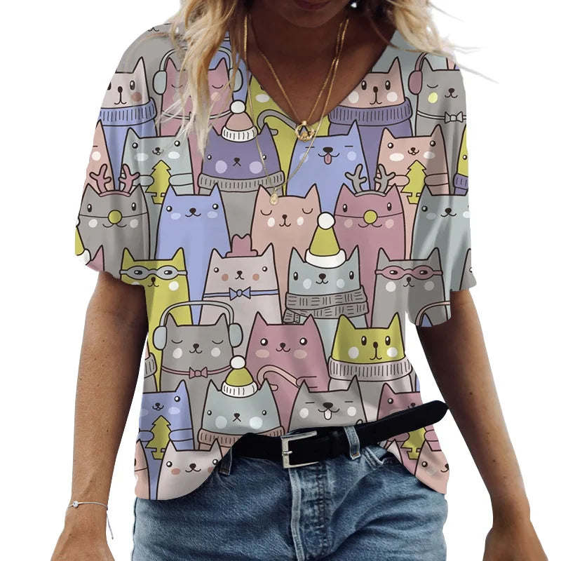 V-Neck T-shirts Cute Cats Graphics Printed Short Sleeve Tops Summer Kawaii Fashion