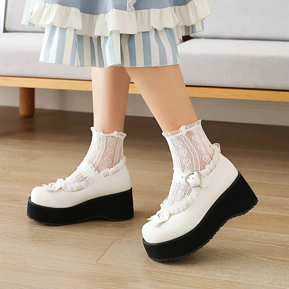 Cosplay Shoes Sweet Lolita Ruffles Bowknot Lace Bridal Wedding Girls Wedges Heel