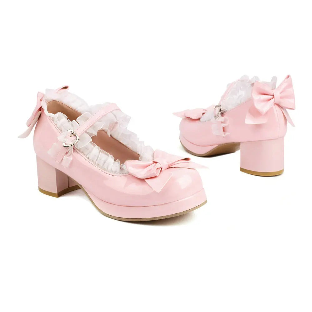 Sweet Lolita Mary Jane Heels | Women's Bow & Lace Princess Shoes with Chunky Heel (Sizes 33–48)